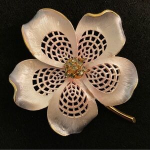 Park Lane Vintage Flower Brooch Pink Enamel Blue Pronged Rhinestone Signed